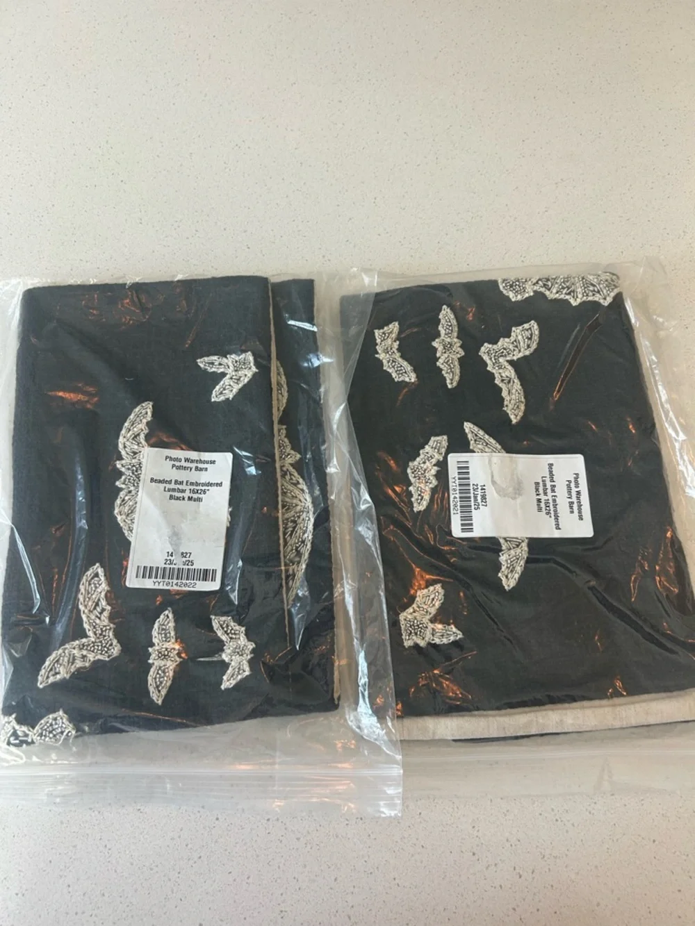 2 Pottery Barn Beaded Bat Embroidered Lumbar Pillow Shams Halloween